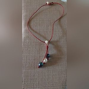 New Handmade Peacock & White Pearl & Red Leather Dangle Necklace